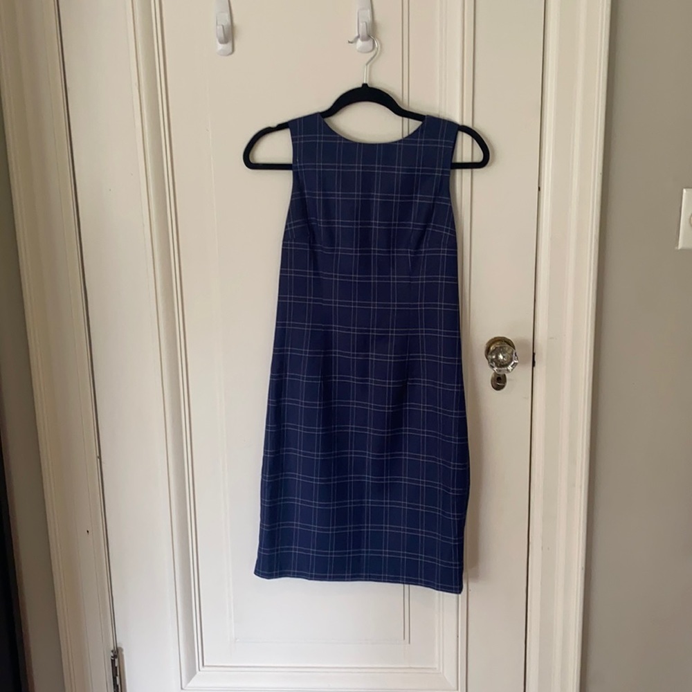Navy Blue Striped High Neck Checkered Dress